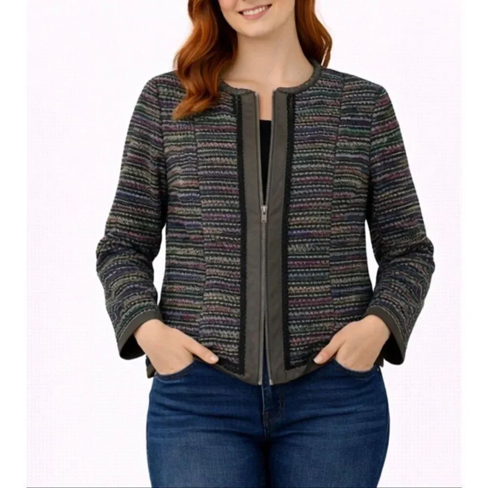 Rachel Roy genuine leather and boucle zip front blazer 6